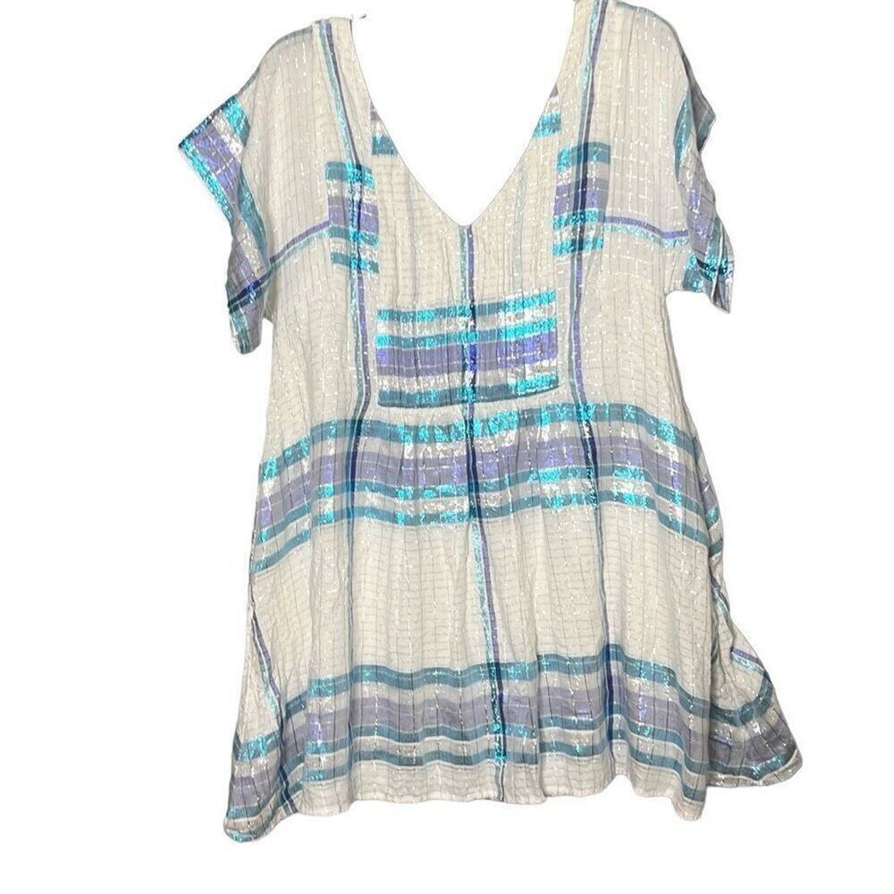 Free People Anthropologie White Blue Metallic Plaid Square Neck Mini Dress Small